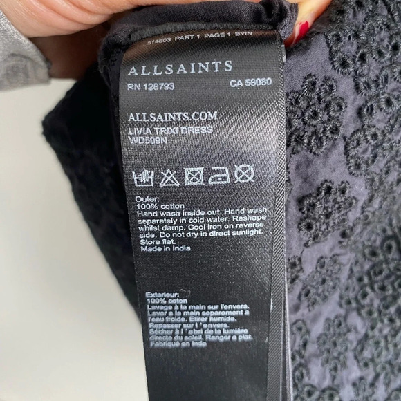 ALL Saints Livia Trixie Black Off Shoulder Smocked Eyelet  Mini Cotton Dress S - Picture 7 of 9